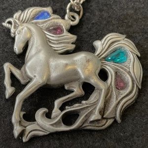 Vintage Pewter & Rhinestone Unicorn Pendant with 24” Necklace Signed Fable